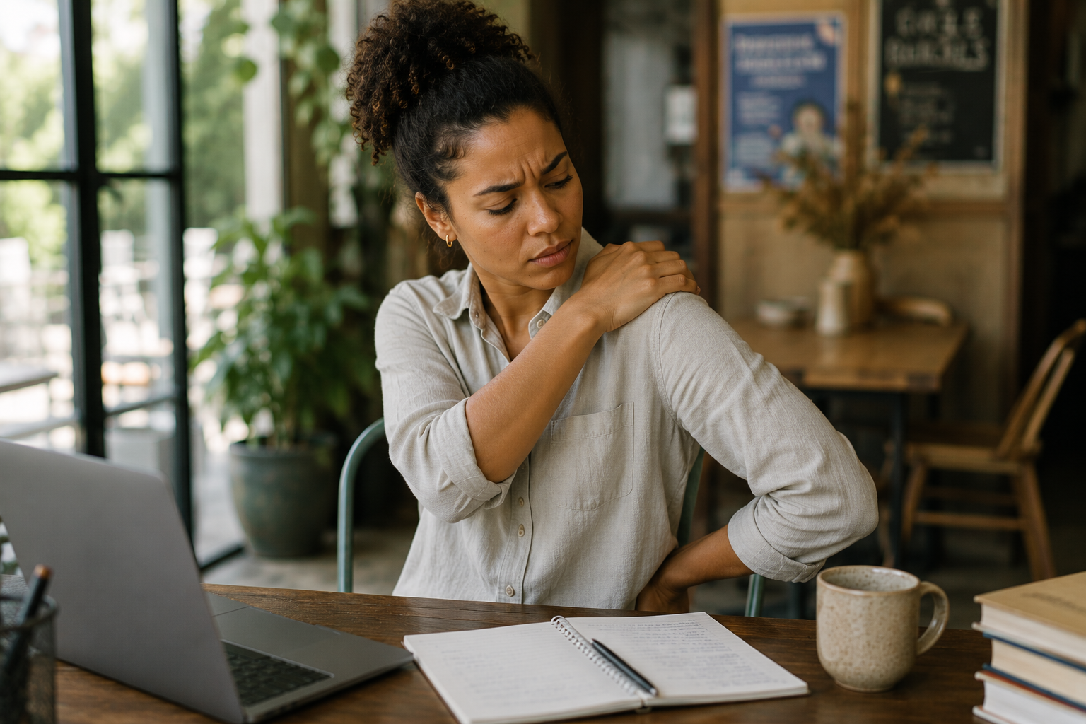 A woman holding her left shoulder, being in tune with her own body and having a greater sense of interoceptive awareness. Interoceptive awareness is covered in SEI's behavioral health program and is a key nervous system regulation tool for teachers.