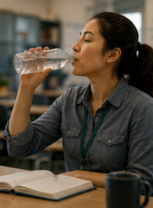 Woman teacher drinking water, exemplifying a nervous system shift educators can tap into called interoceptive awareness